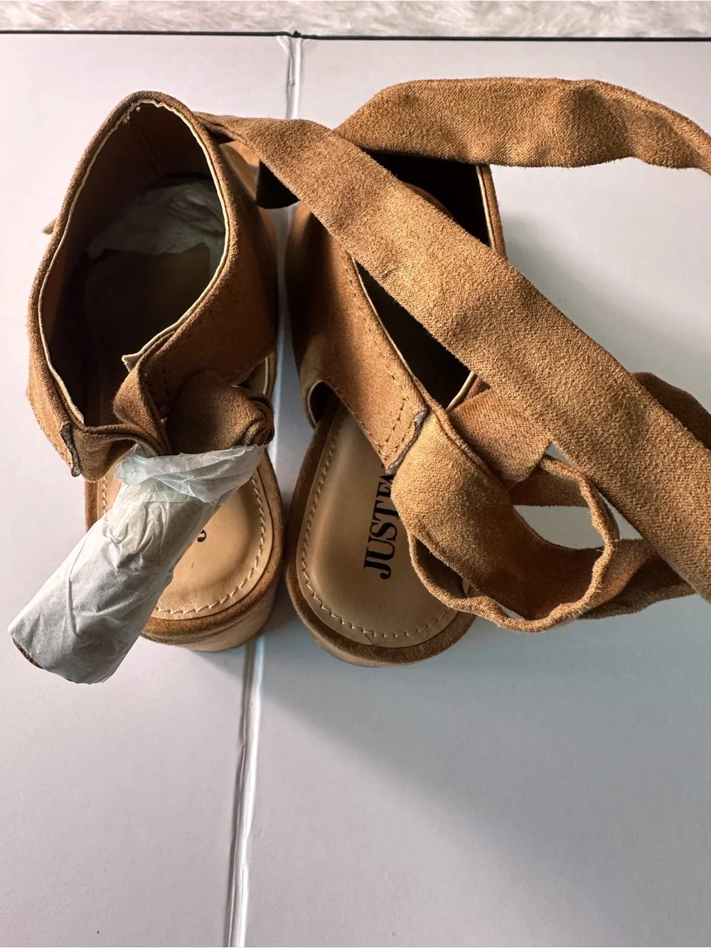 JustFab Tan Suede Peep-Toe Ankle Tie Mules - Picture 6 of 12